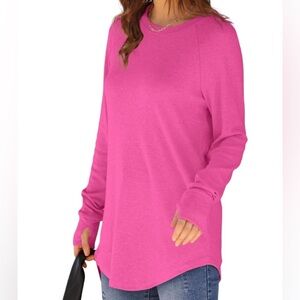 2- Pink & Blue Womens Tunic Tops Long Sleeve Thumb Hole, Crew Neck Curved Hem 2X